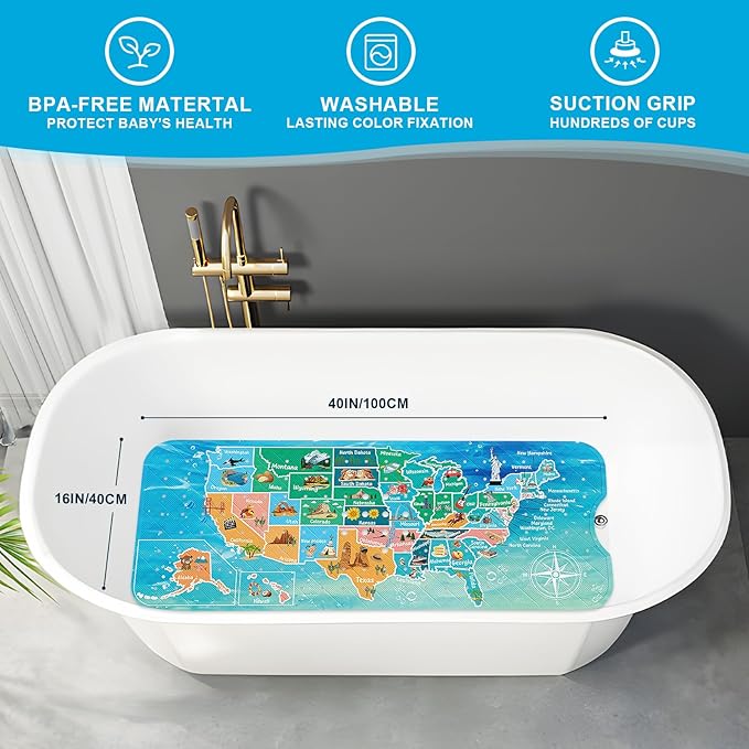 XIYUNTE Baby Bath Mat for Tub Non Slip Kids Bath Mat - 40''x16'' Extra Long Cartoon Bathtub Mat Non Slip Kids Shower Mat Eco-Friendly Toddler Bath Mats with Suction Cups, Machine Washable, Map - Image 2