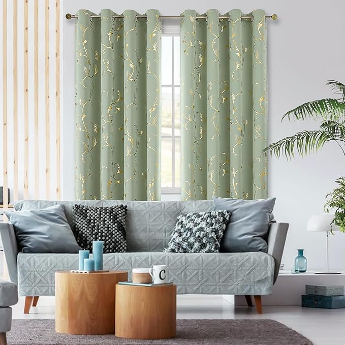 BUHUA Blackout Curtains Gold Foil Print Flower Vine Grommet Drapes, Room Darkening Thermal Insulated Curtains, Noise Reducing Curtain for Bedroom, Sage Green, 52Wx72L, 2 Panels - Image 3