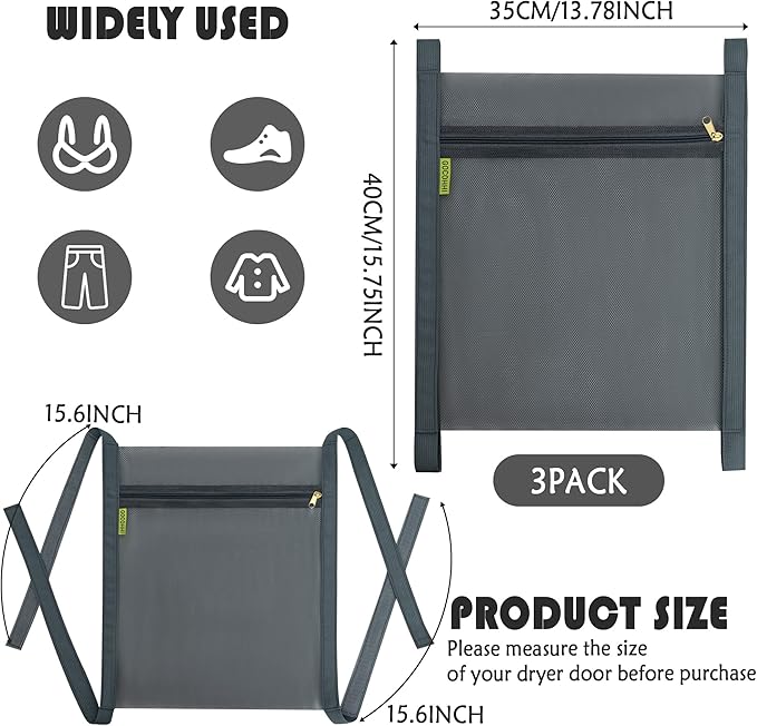 3 Pcs Sneaker Wash & Dry Net Bag for Dryer,15.7x13.8 Inch Large HoneyComber Mesh Bags with Zipper and Strap for Shoes, Clothing, Laundry Reused Bag Tool (Grey) - Image 2
