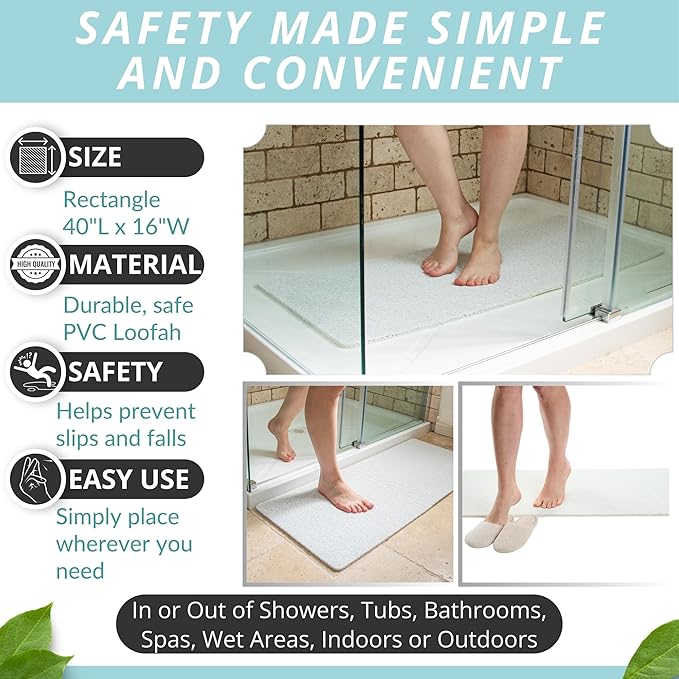 Non Slip Bathtub Mat Shower Mat for Tub - Loofah Bath Mats for Bathroom - 40x16 Bathtub Floor Mat - Textured Anti Slip Bath Mat Without Suction Cups - Secure Mat for Wet Areas (40x16 Aqua Green) - Image 3