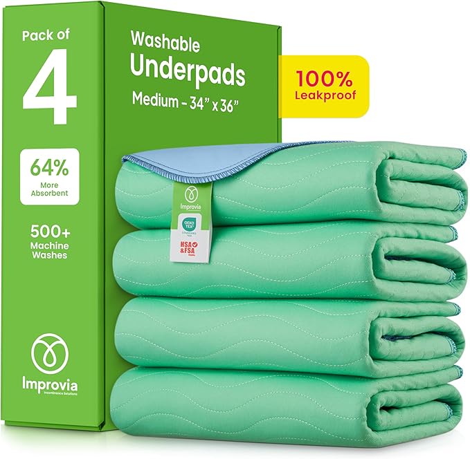 IMPROVIA® Washable Underpads, 34" x 36" (Pack of 4) - Heavy Absorbency Reusable Bedwetting Incontinence Pads for Kids, Adults, Elderly, and Pets - Waterproof Protective Pad for Bed, Couch, Sofa, Floor by IMPROVIA