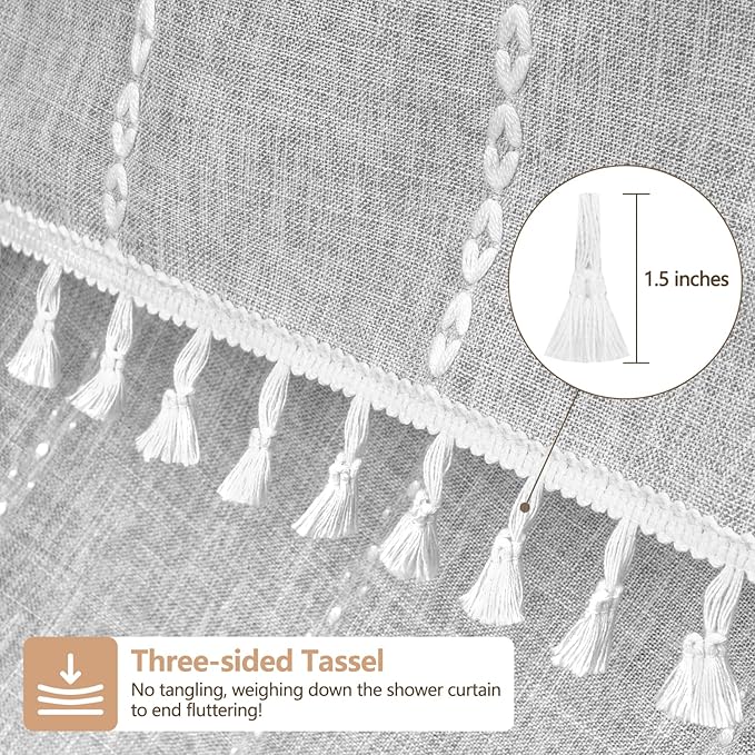 72 x 84 inch Extra Long Boho Chic Shower Curtain Heavyweight with Tassels, Grey Linen Textured Fabric Farmhouse Shower Curtain, Elegant Gray & White Striped Bathroom Curtain Water Repellent - Image 4
