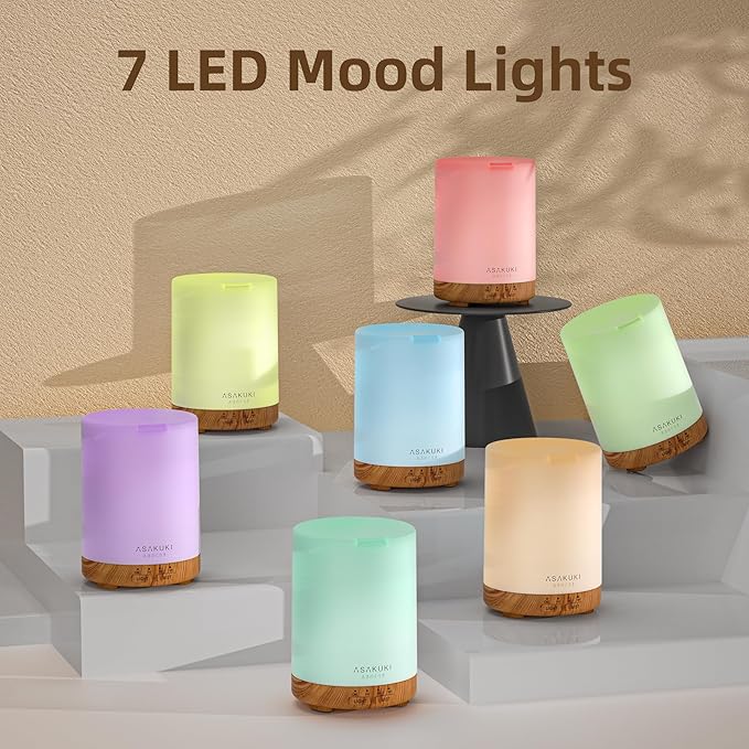 ASAKUKI Essential Oil Diffuser, Aromatherapy Cool Mist Home Humidifier with 7 LED Color Changing Light and Auto-Off Safety Switch, 6 Essential Oils Set, 300ml (Brown with Oils) - Image 3