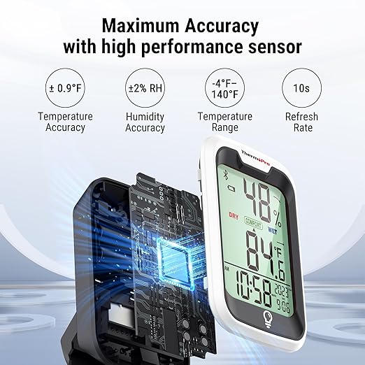 ThermoPro TP358 Bluetooth Thermometer for Room Temperature with Built-in Clock, Smart Temperature Sensor and Humidity Meter with Backlit, 260Ft Hygrometer Indoor Thermometer with Data Storage Export - Image 2