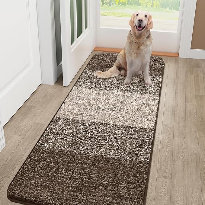 Smiry Dog Door Mat for Muddy Paws, Absorbs Moisture and Dirt, Low-Profile Entryway Mat with Non-Slip Backing, Entry Indoor Outdoor Doormat for Inside Floor (48x30 Inches, Light Brown, Striped) by Smiry