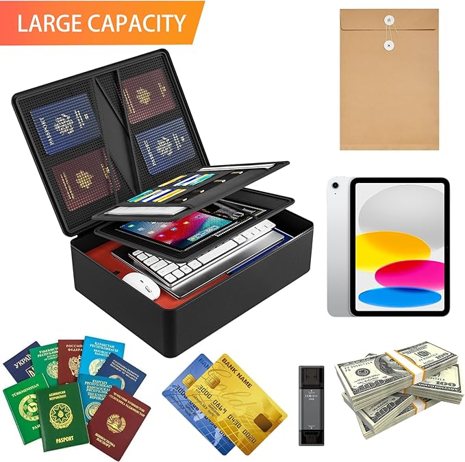 Fireproof Document Box with Lock, Hard Case Files Safe Organizer, 8-Layer Fireproof Water Resistant Safe Box, Portable Home Travel Safe Storage for Important Documents Passports Jewelry Cash (Black) - Image 8