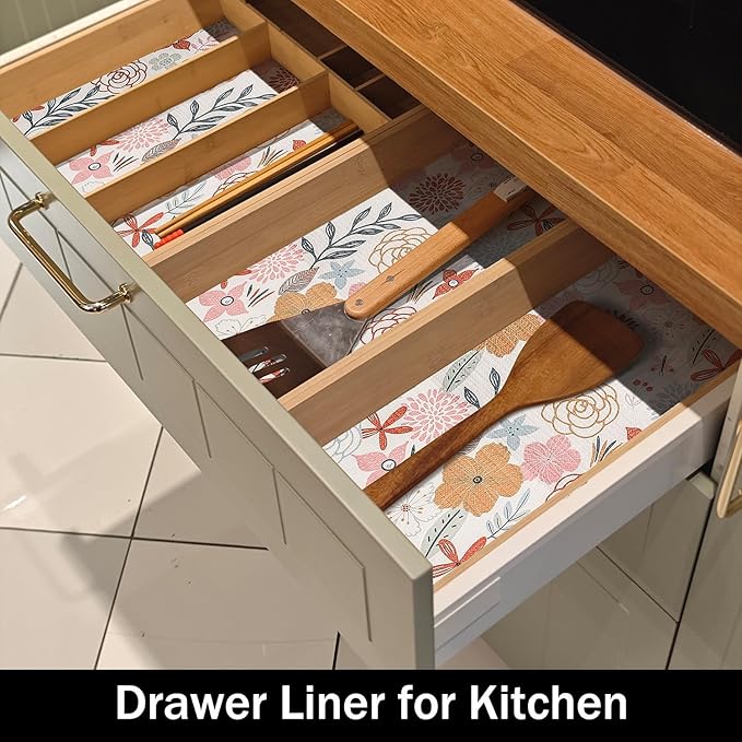 Simple Non-Slip Shelf Liner, Non-Adhesive and Strong Non-Slip Floral Shelf Cabinet Drawer Liners for Kitchen, Waterproof Cupboard Liners,Easy to Clean,12IN x 10FT,White and Colorful - Image 3