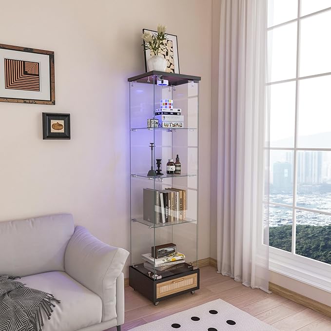 Yoluckea 4 Tiers Glass Display Cabinet with LED Lighting and Drawer, 1 Door Floor Standing Curio Cabinet with Wheel for Home, Office, Corner Display, Black Glass Bookshelf for Collections and Decor by Yoluckea