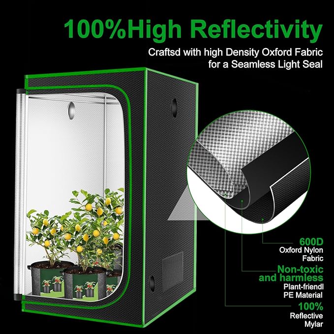 MELONFARM 4x4 Grow Tent, 48"x48"x80'' High Reflective 600D Diamond Mylar Canvas with Observation Window and Floor Tray for Hydroponic Indoor Plant Growing - Image 2