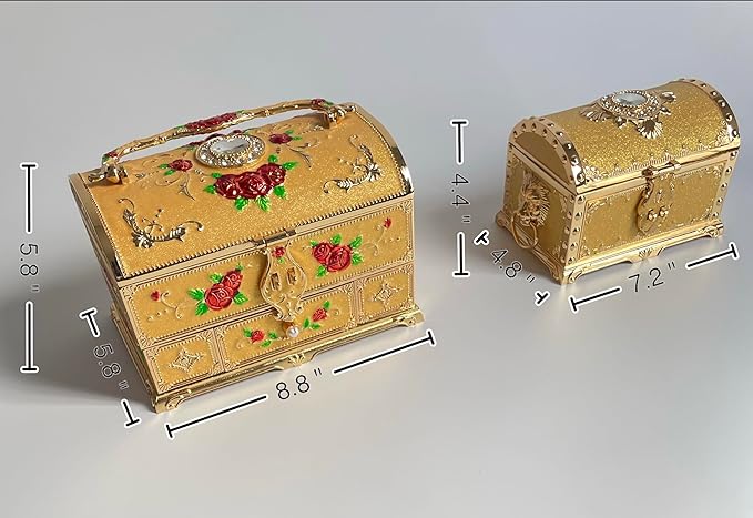 Retro Jewelry Box Arched Vintage Rectangular Metal Chest Necklace Ring Earrings Storage Case for Women Girls (Golden Starlight Yellow, XL Lock) - Image 4