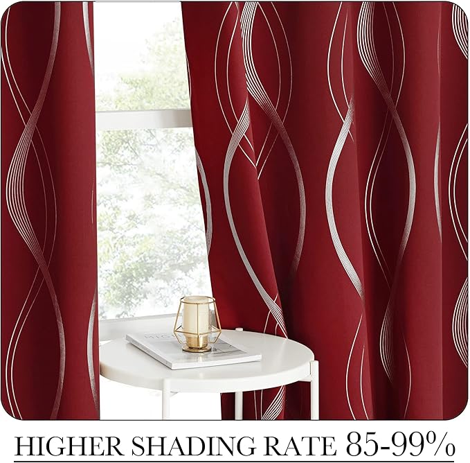 NICETOWN Blackout Curtains 84 inch Length 2 Panels Set, Noise Reducing Thermal Insulated Wave Line Foil Print Design Blackout Curtains for Patio Sliding Glass Door (Burgundy Red, 52-inch Width) - Image 4
