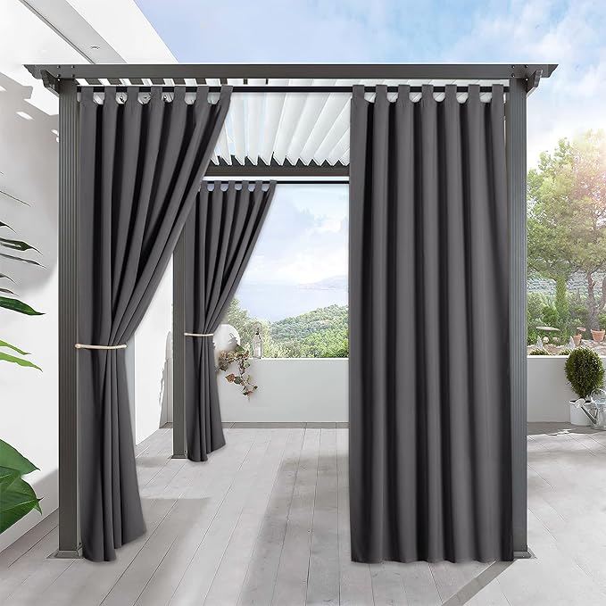 RYB HOME Outdoor Curtains for Patio Waterproof Tab Top Block Sunlight Thermal Insulated Privacy Assured Thick Outside Curtains for Deck, Balcony, Pool, W52 x L108, Grey, 1 Panel by RYBHOME