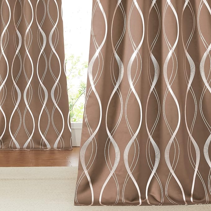NICETOWN Blackout Curtains Panels for Bedroom - Microfiber Noise Reducing Thermal Insulated Wave Line Foil Print Design Drapes for Patio Sliding Glass Door (Cappuccino, 2 Panels, 52 x 72 Inch) by NICETOWN