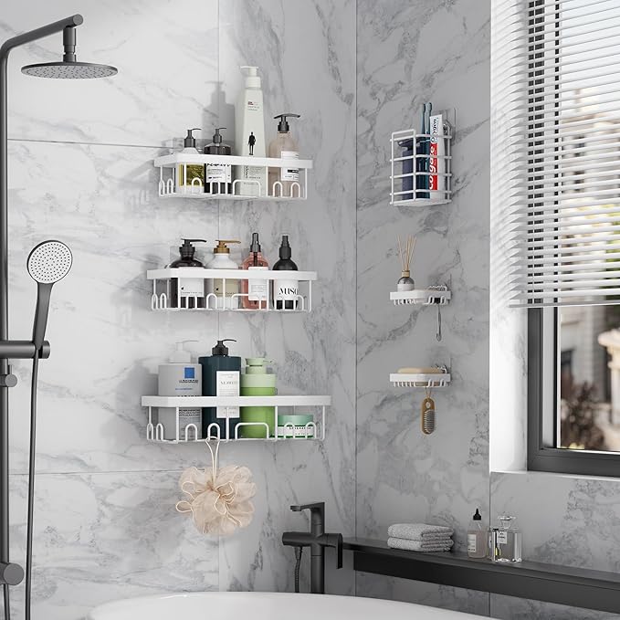 Veken 6-Pack Rustproof&Waterproof Shower Caddy, Adhesive Shelves Rack with Soap Holder, Large Bathroom & Washroom Organizer, No Drilling Wall-Mounted Kitchen&Home Decor,Ideal for Bathtub Storage,White - Image 4