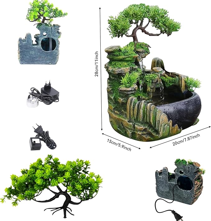 Tabletop Rockery Fountain Indoor Waterfall Bonsai Desktop Mini Rockery Water Fountain with Automatic Pump and LED Light, Home Office Bedroom Humidifier Desk Decorate (Style 1) - Image 5