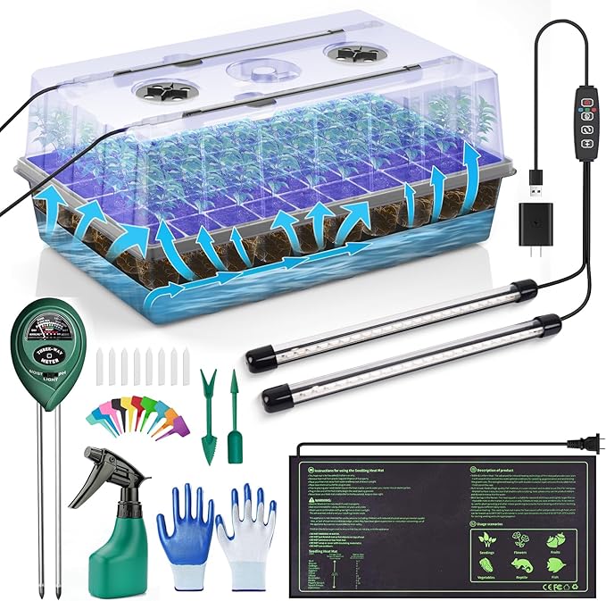 60 Cell Self-Watering Seed Starter Tray with Grow Light and Heat Mat,Seed Starter Kit,Humidity Domes,Auto Timer,Flexible Brightness Seedling Starter Trays for Seed Starting & Seeds Growing by Home