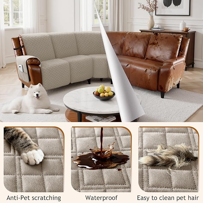 Arfntevss Waterproof Recliner Sectional Couch Covers for Reclining Sectional L Shape Sofa Cover Non Slip Washable Recliner L Shaped Slipcover Dog Additional Seat Protector (1 Seat Cover, Light Khaki) - Image 6