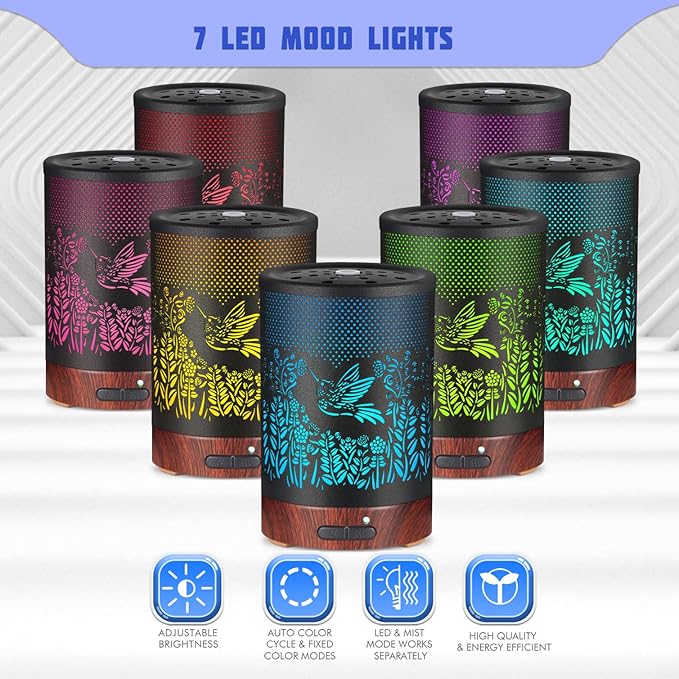 Metal Essential Oils Diffuser 150ML Aromatherapy Diffuser Cool Mist Humidifier with 7 Colors Lights Waterless Auto Off Air Diffusers as Gifts for Moms Women Girls (D-Hummingbird) - Image 2