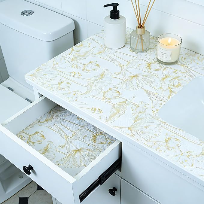 Shelf Liners Non Adhesive Light Base Gold Lotus Pattern - Thickened Non-Slip Easy to Clean Drawer Liner for Kitchen Cabinets, Tool Box, Refrigerator, with Knife & Tape Measure, 12in x 20FT - Image 4