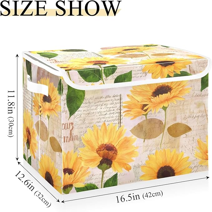 xigua Yellow Sunflower Storage Bins with Lids and Carrying Handle,Foldable Storage Boxes Organizer Containers Baskets Cube with Cover for Home Bedroom Closet Office - Image 3