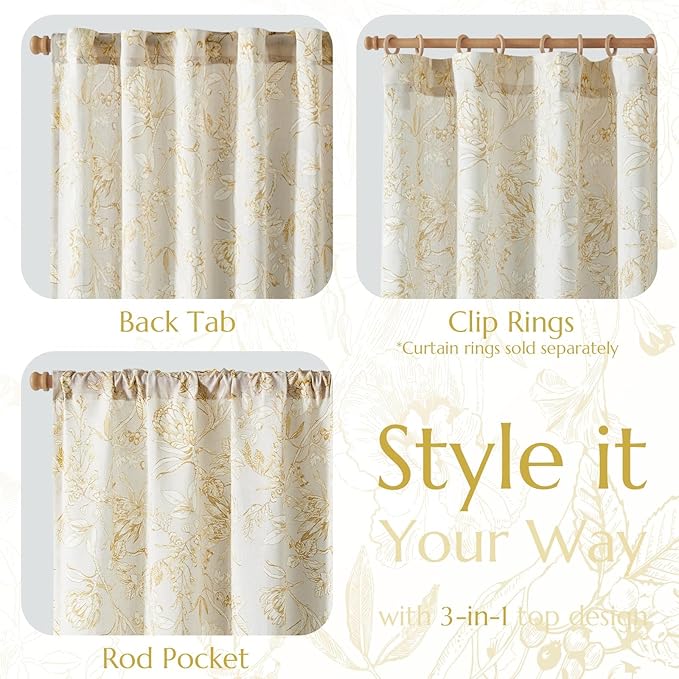 jinchan Floral Curtains 84 Inches Long Mustard Yellow Flower Linen Farmhouse Curtain for Living Room French Country Vintage Curtain Rod Pocket Curtains Set 2 Panels Floral Printed - Image 5