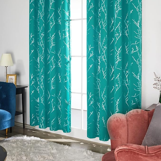 Deconovo Blackout Curtains, Thermal Insulated Soundproof Drapes with Tree Foil Print, 42 x 84 Inch, Set of 2, Machine Washable Window Curtain for Bedroom Living Room Nursery Kitchen Office, Turquoise - Image 4