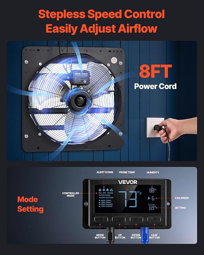 VEVOR 20 inch Exhaust Fan, Wall Mounted Attic Fan with Variable Speed, Temperature & Humidity Controller, 2900 CFM, Automatic Shutter - Image 6