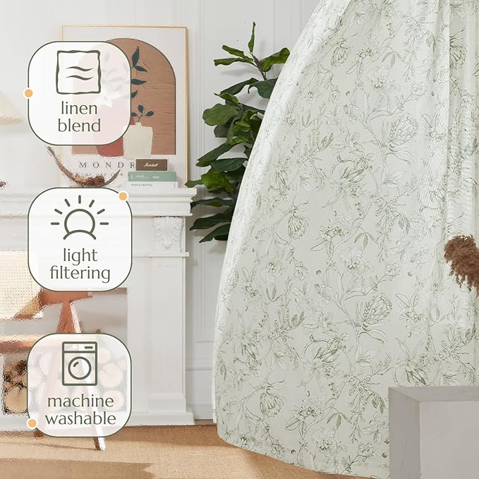 jinchan Floral Curtains 108 Inch Length Sage Green Flower Linen Farmhouse Curtain for Living Room French Country Vintage Curtain Rod Pocket Curtains Set 2 Panels Floral Printed - Image 7