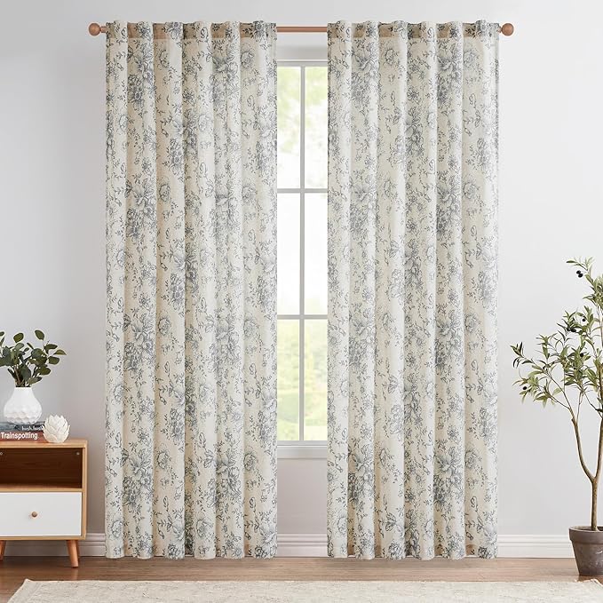 jinchan Linen Blend Curtain Floral Curtains for Living Room 90 Inch Length Grey Printed Curtain Rod Pocket Back Tab Farmhouse Peony Flower Patterned Drapes Bedroom Window Curtains Set 2 Panels - Image 2