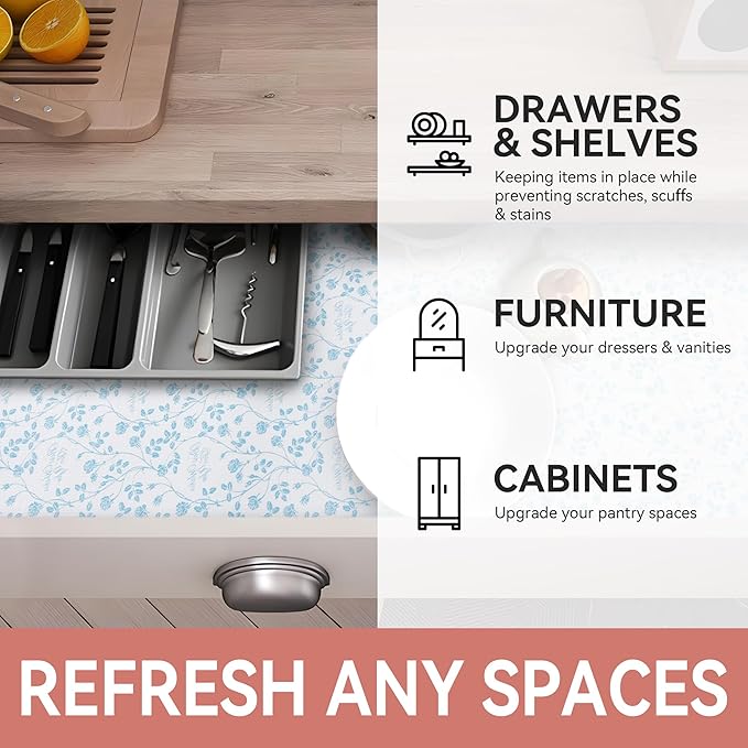 RAY STAR Shelf Liner, Non Adhesive Wisteria Blue Floral Kitchen Cabinet Liner for Pantry Drawer Vanity, Strong Grip Non Slip, Shelf Liners for Kitchen Cabinets Cupboard 18 Inch x 8 FT (3 Rolls) - Image 6