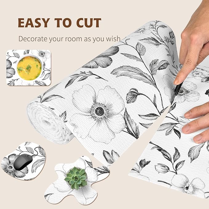 Drawer and Shelf Liner Black Flowers 17in x 20FT, Non Adhesive Anti-Slip Double Layer PVC Reusable Thickened Waterproof Easy Clean for Kitchen Cabinets Refrigerator with Knife Tape Measure - Image 7
