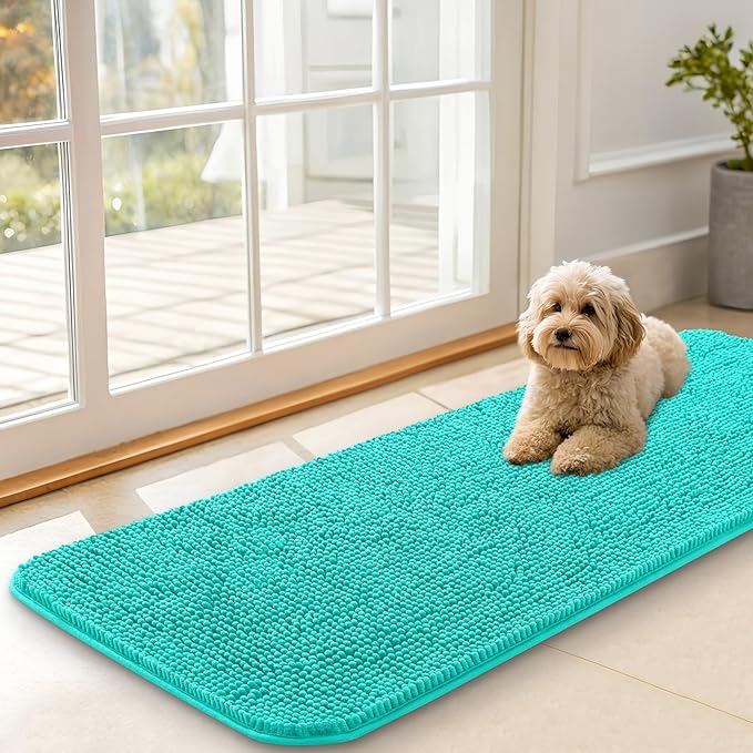 OLANLY Dog Door Mat for Muddy Paws 47x17, Absorbs Moisture and Dirt, Absorbent Non-Slip Washable Doormat, Quick Dry Chenille Mud Mat for Dogs, Entry Indoor Entryway Carpet for Inside Floor, Teal by OLANLY
