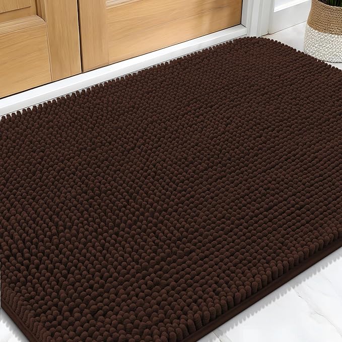 OLANLY Dog Door Mat for Muddy Paws 34x21, Absorbs Moisture and Dirt, Absorbent Non-Slip Washable Doormat, Quick Dry Chenille Mud Mat for Dogs, Entry Indoor Entryway Carpet for Inside Floor, Brown by OLANLY
