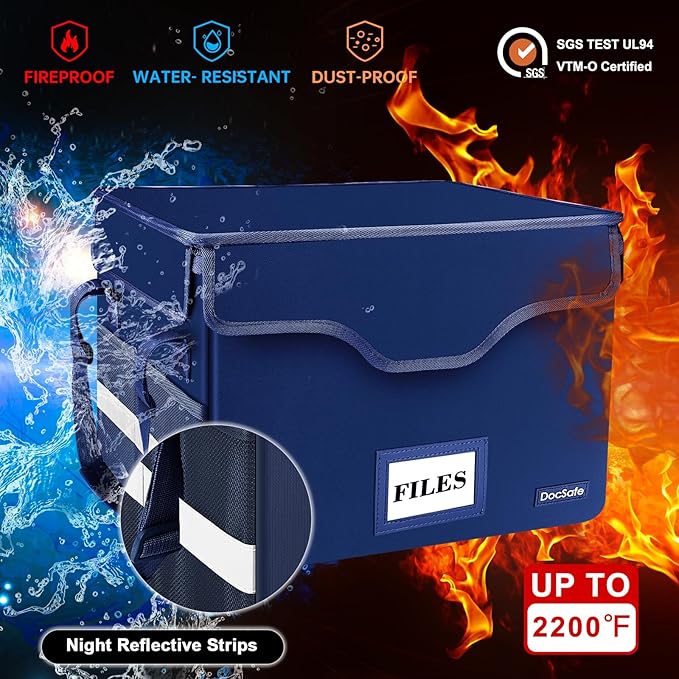 DocSafe Fireproof Document Box with Lock, File Storage Organizer with Mesh Pockets, Collapsible Portable File Box Home Office Safe Filing Cabinet with Handle for Hanging Letter/Legal Folder, Blue - Image 3