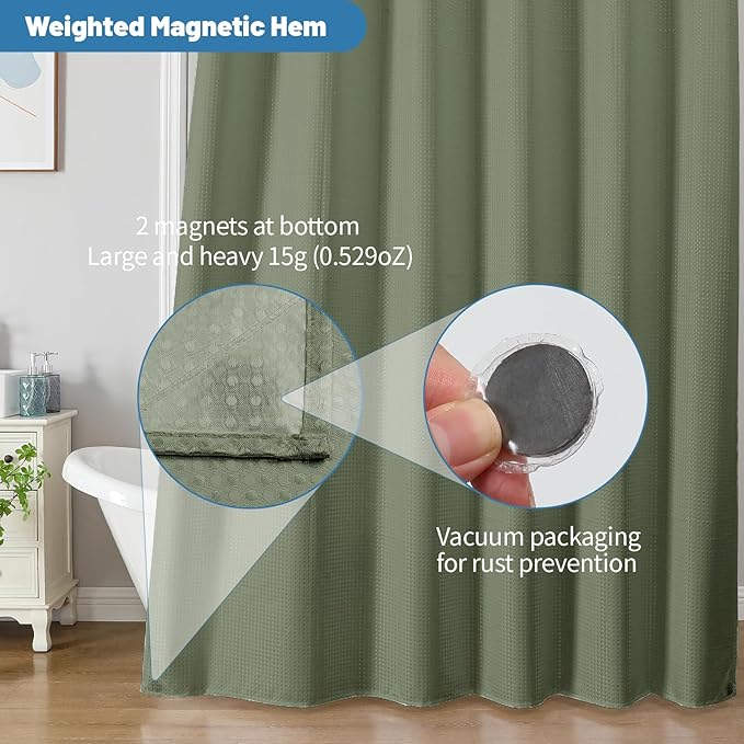 2-in-1 Waterproof Fabric Shower Curtain - No Separate Liner Needed, Hotel-Style Waffle Weave, Effortless Cleaning & Washable Bathroom Shower Curtain Set,72Wx84H,SageGreen - Image 6