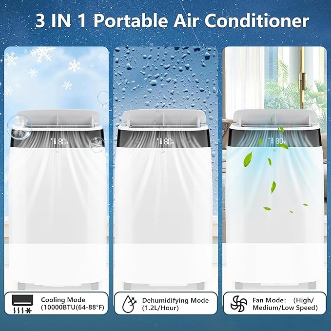 GAOMON 10,000 BTU Portable Air Conditioner for Bedroom & Small Rooms - 3-in-1 Energy-Efficient AC Unit with Remote Control, 24H Timer, Quiet Operation & Fast Cooling, Compact Design for Dorm/Office - Image 4