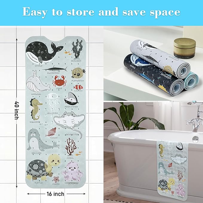 Bath Mat for Tub Non Slip, Machine Washable Anti-Slip Cartoon Baby Bathtub Shower Mat with Drain Holes and Suction Cups for Toddler & Kids, 40 Inch x 16 Inch, Greige Sea Animals - Image 5