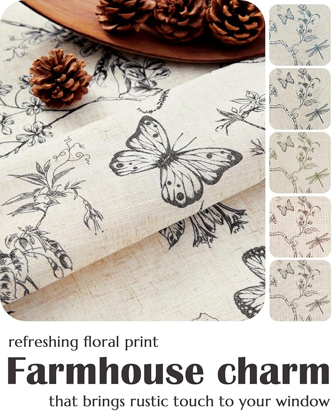jinchan Floral Linen Curtains for Living Room 96 Inch Length Butterfly Curtain Black Floral Curtains French Country Farmhouse Curtain Flower Patterned Drapes Window Treatment Set 2 Panels - Image 8