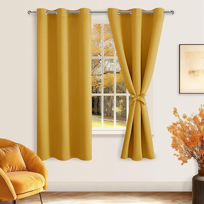 Hiasan Blackout Curtains for Bedroom and Living Room, Light Blocking, Noise Reducing Window Curtain Panels, Tiebacks Included, Set of 2, Grommet Top (Mustard Yellow, Width 38 Inch x Length 72 Inch) - Image 2