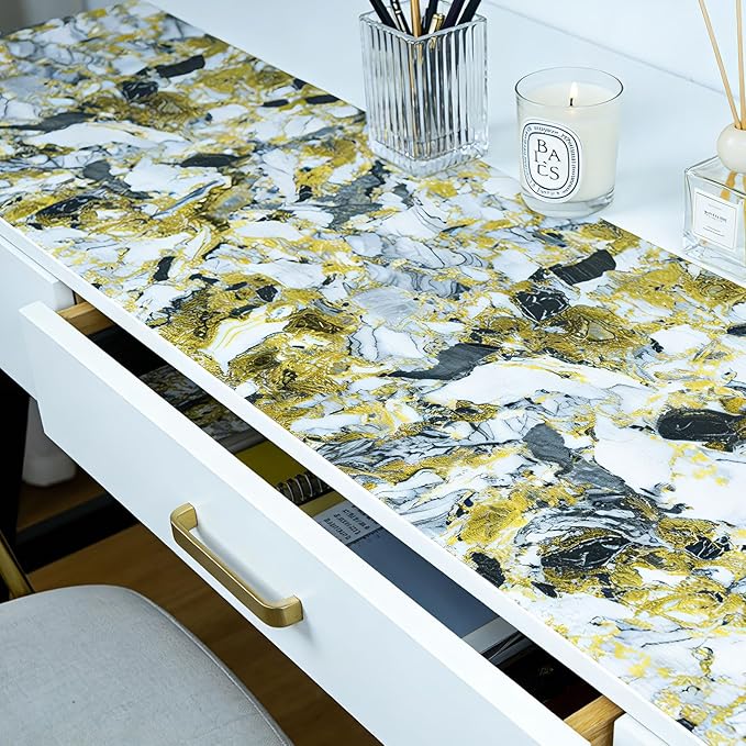 Drawer and Shelf Liner - Yellow Black Marble Pattern,Non Adhesive Non Slip Waterproof Easy-Clean Liner for Kitchen Cabinet, Refrigerator, Bathroom, Pantry Storage Drawers, 12 in x 10 Ft - Image 2