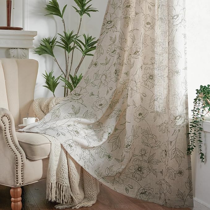 jinchan Floral Linen Curtains for Living Room 63 Inch Length Green Flower Curtain Rod Pocket Back Tab Farmhouse Curtains with Printed Floral Bedroom Window Curtain Set, 2 Panels Green - Image 8