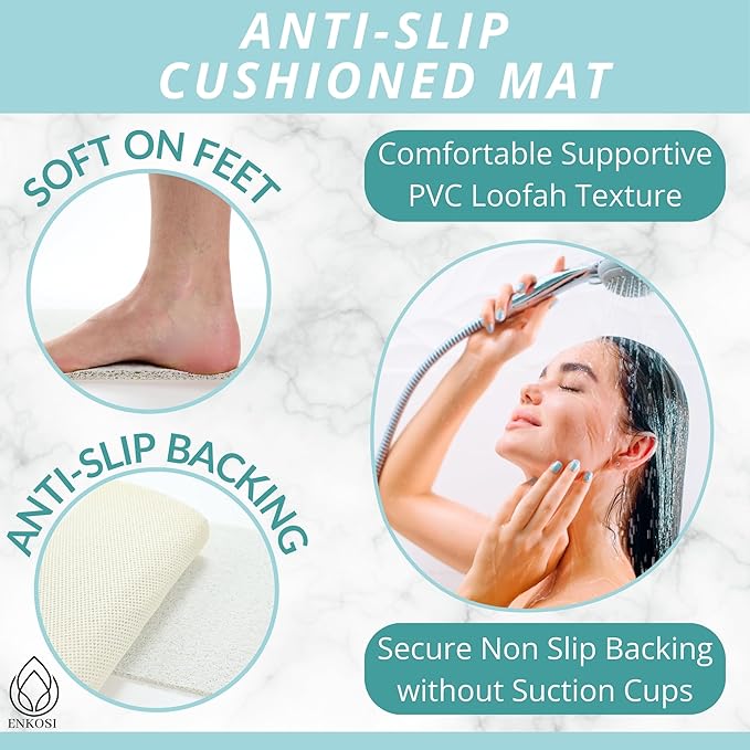 ENKOSI Loofah Non-Slip Shower and Bath Mat - Soft Cushioned Comfort - No Suction Cups for Smooth or Textured Tubs - Fast Draining - Safety for Bathroom, Family, Kids, and Elderly (24x16 White) - Image 2
