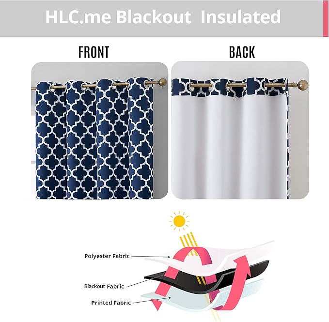 HLC.ME Lattice Print Blackout Window Curtains for Small Windows - Contemporary Decorative Thermal Privacy Room Darkening Grommet Coverings for Basement - Navy Blue - Set of 2-52 x 45 Inch Long - Image 3