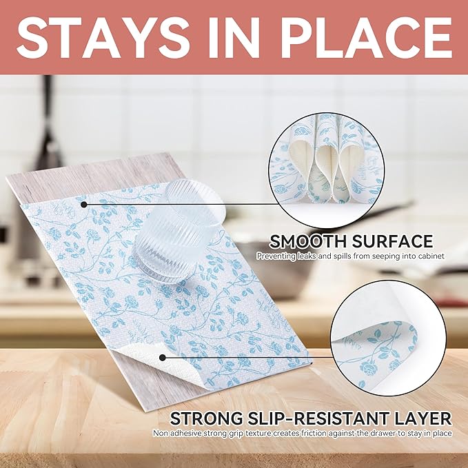 RAY STAR Shelf Liner, Non Adhesive Wisteria Blue Floral Kitchen Cabinet Liner for Pantry Drawer Vanity, Strong Grip Non Slip, Shelf Liners for Kitchen Cabinets Cupboard 18 Inch x 8 FT (3 Rolls) - Image 3