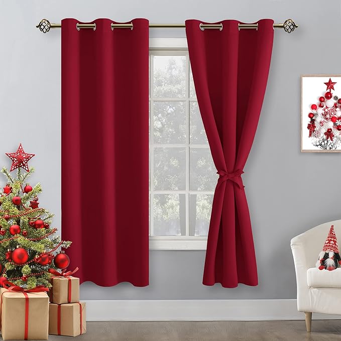 Hiasan Blackout Curtains for Bedroom, 42 x 63 Inches Length - Thermal Insulated & Light Blocking Window Curtains for Living Room, 2 Drape Panels Sewn with Tiebacks, Christmas Red by Hiasan