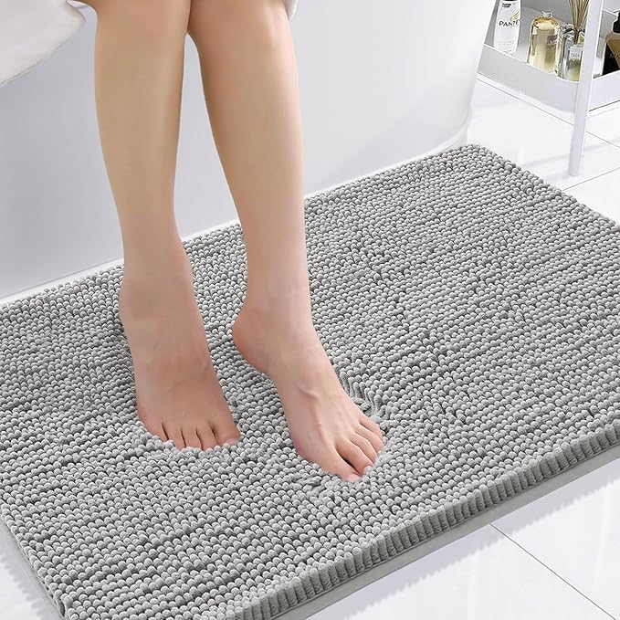 Smiry Luxury Chenille Bathroom Rugs 36x24, Extra Soft and Absorbent Shaggy Bath Mat, Machine Washable, Non-Slip Plush Carpet Runner for Tub, Shower, and Floor, Home Decor Accessories, Light Grey by Smiry
