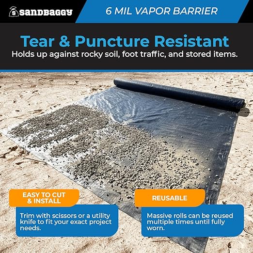 Sandbaggy 10 ft x 100 ft Vapor Barrier 6 Mil | Polyethylene | Black Plastic Sheeting Rolls | Moisture Barrier for Crawl Spaces, Concrete and Laminate Underlayment, Walls (1 Roll) - Image 6