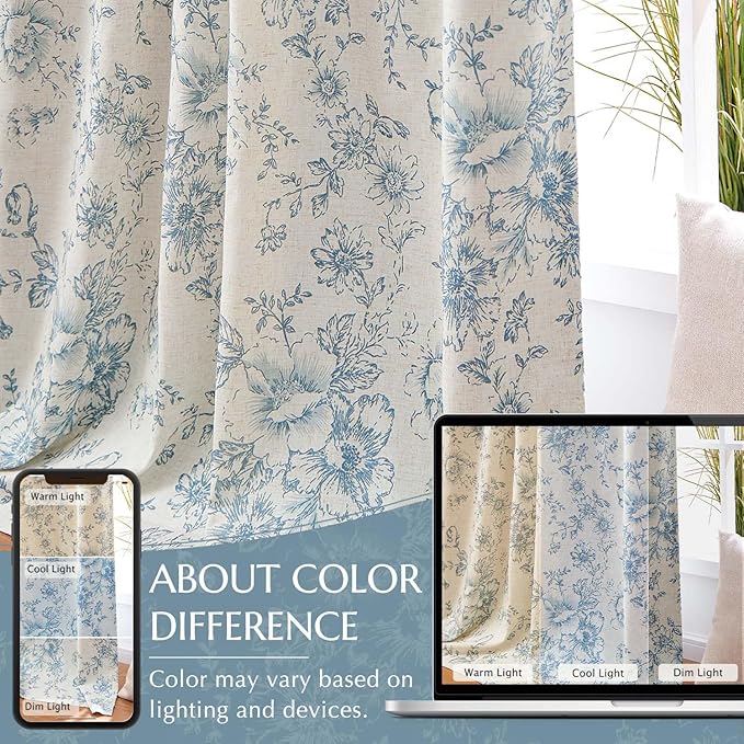 jinchan Blackout Linen Blend Curtain Floral Blackout Curtains for Living Room 63 Inch Length Blue Printed with Lined Blackout Curtain for Bedroom Farmhouse Curtains Set 2 Panels - Image 6
