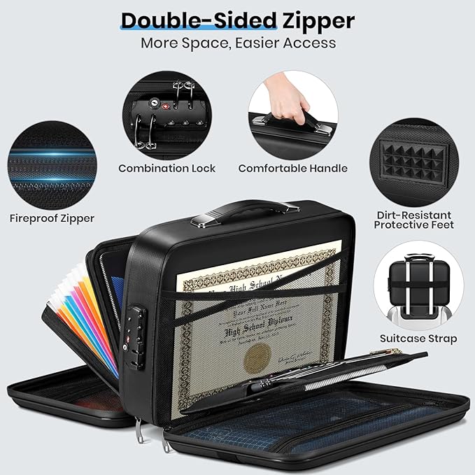 Fireproof Document Box Double-Zip, Hard-shell Waterproof Fire Proof Bag with Lock & File Folder, Portable Safe Organizer for Home Office Documents, Important Valuables Storage, Travel/Emergency Carry - Image 4