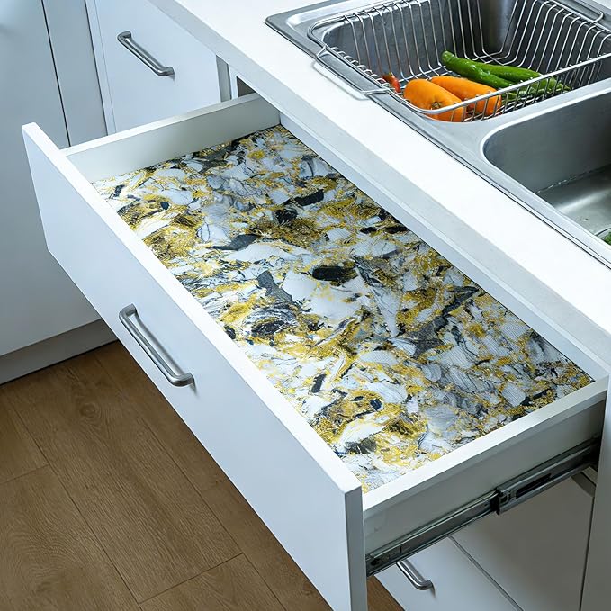 Drawer and Shelf Liner - Yellow Black Marble Pattern,Non Adhesive Non Slip Waterproof Easy-Clean Liner for Kitchen Cabinet, Refrigerator, Bathroom, Pantry Storage Drawers, 17 in x 30 Ft - Image 5